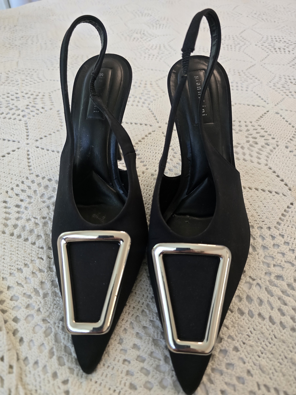 Gianni Bini Black Pointed Slingback Pumps with Silver Buckle Accent